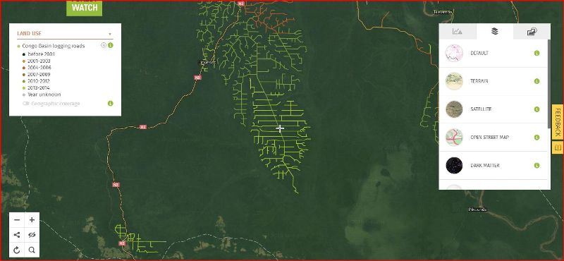Skogsbilvägar i Kongos regnskog. Källa: Global Forest Watch